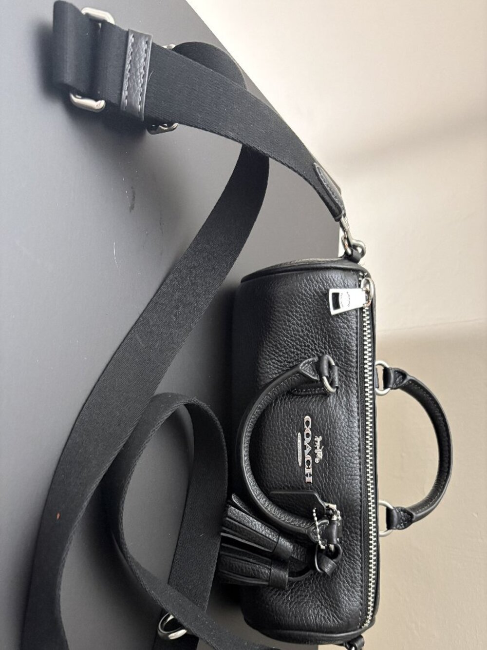 Coach Mini Barrel Bag In Black Pebbled Leather